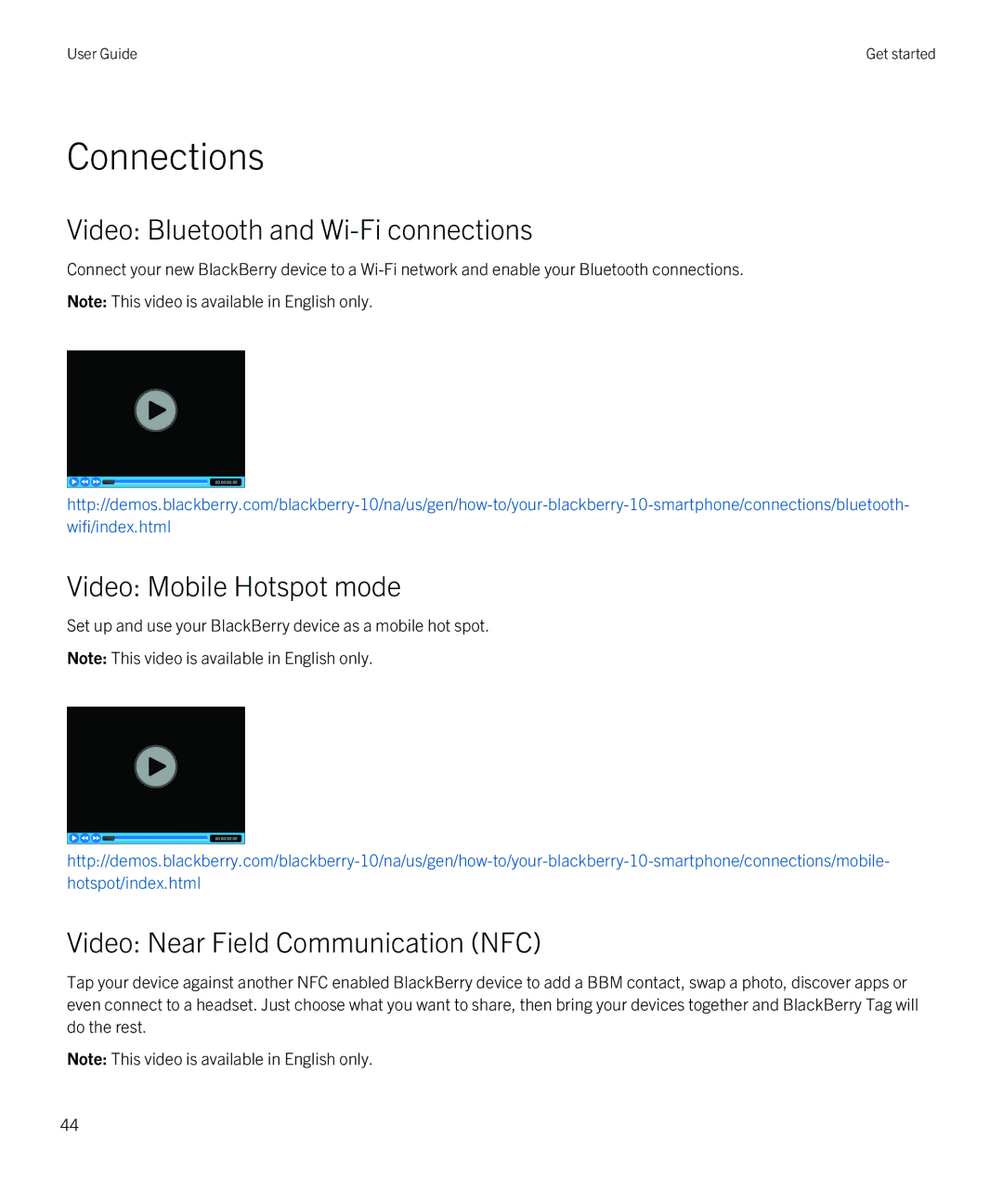 Blackberry Z10 manual Connections, Video Bluetooth and Wi-Fi connections, Video Mobile Hotspot mode 