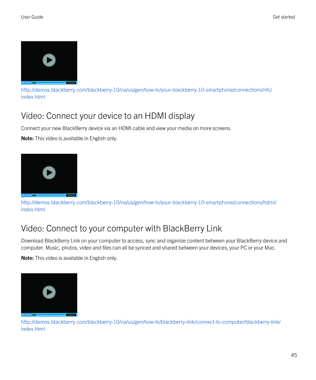 Blackberry Z10 manual Video Connect your device to an Hdmi display, Video Connect to your computer with BlackBerry Link 