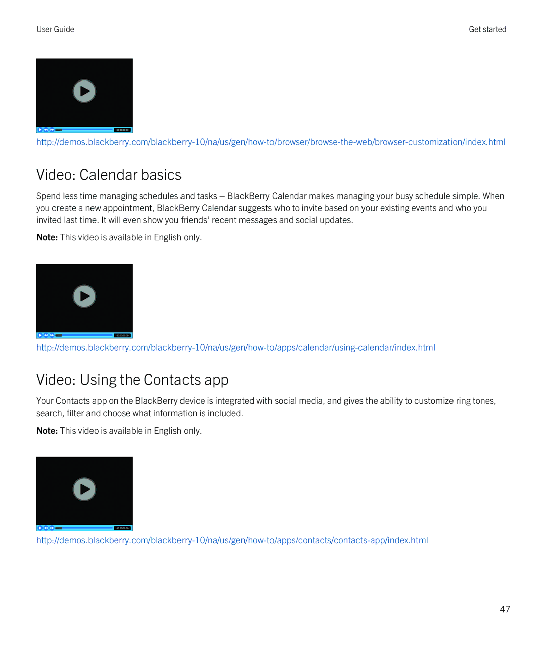 Blackberry Z10 manual Video Calendar basics, Video Using the Contacts app 