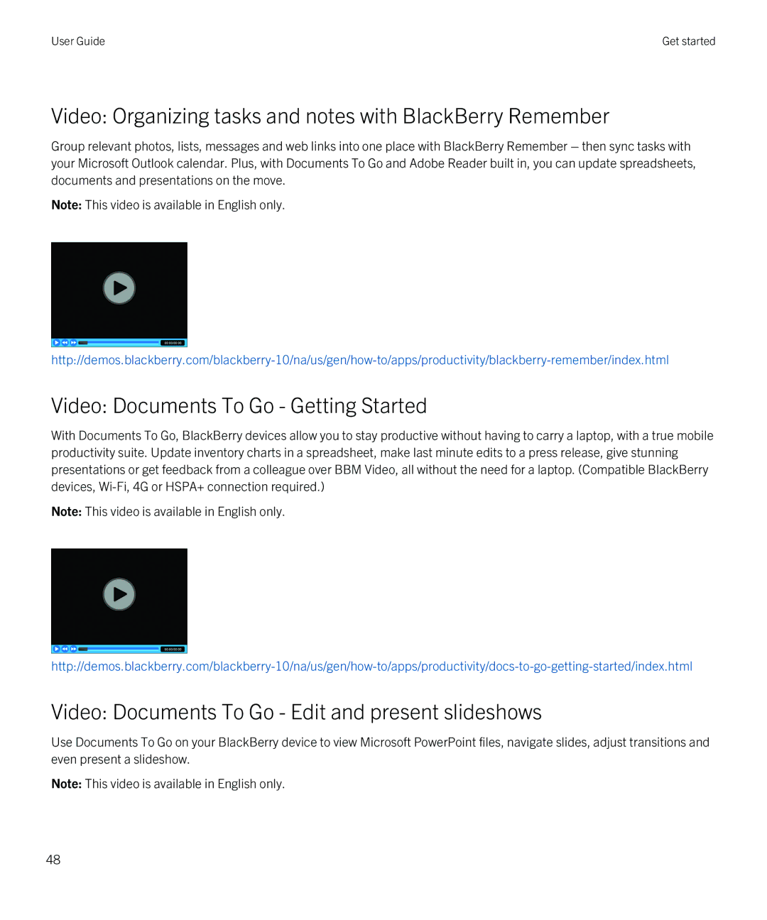 Blackberry Z10 manual Video Organizing tasks and notes with BlackBerry Remember, Video Documents To Go Getting Started 