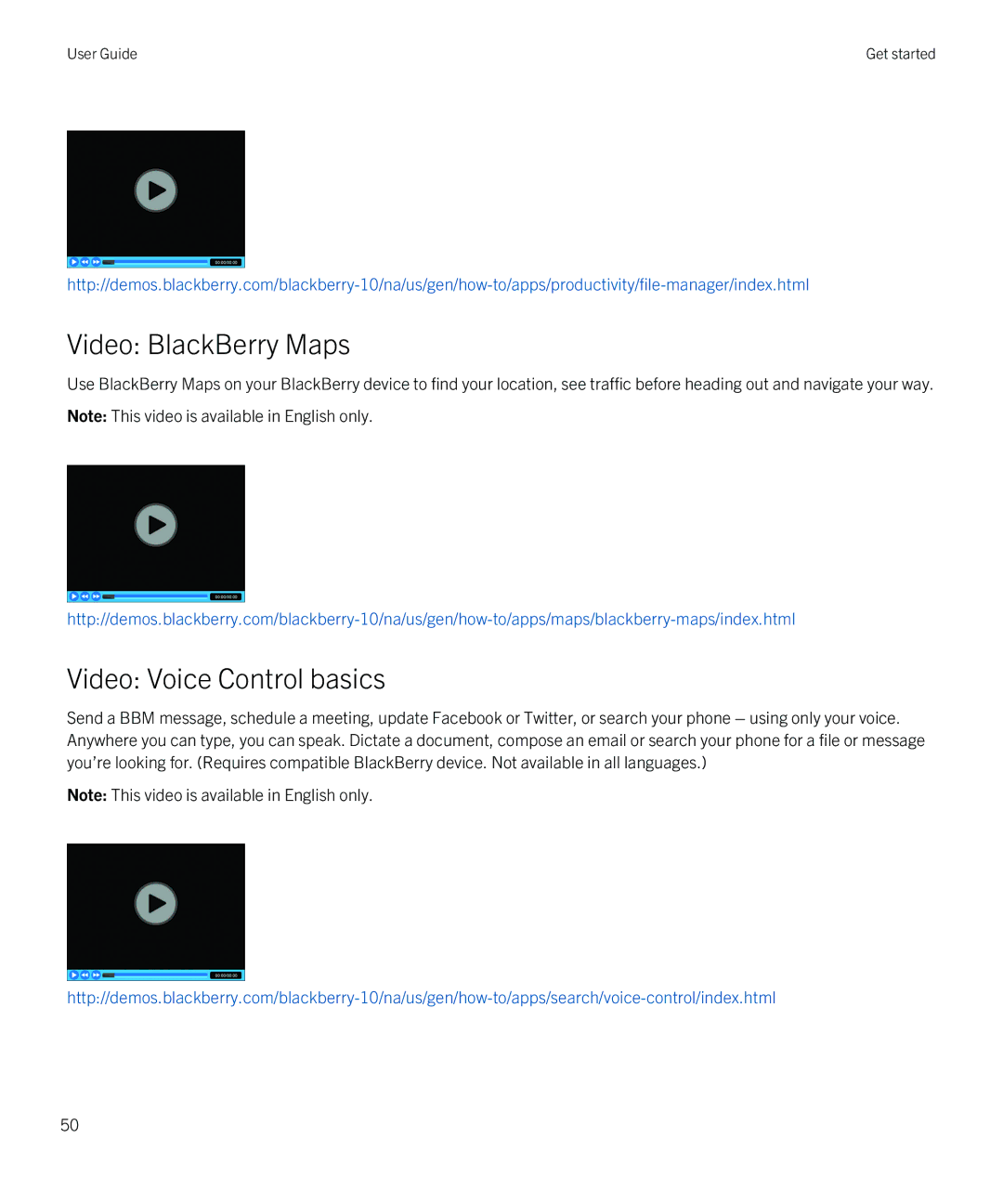 Blackberry Z10 manual Video BlackBerry Maps, Video Voice Control basics 