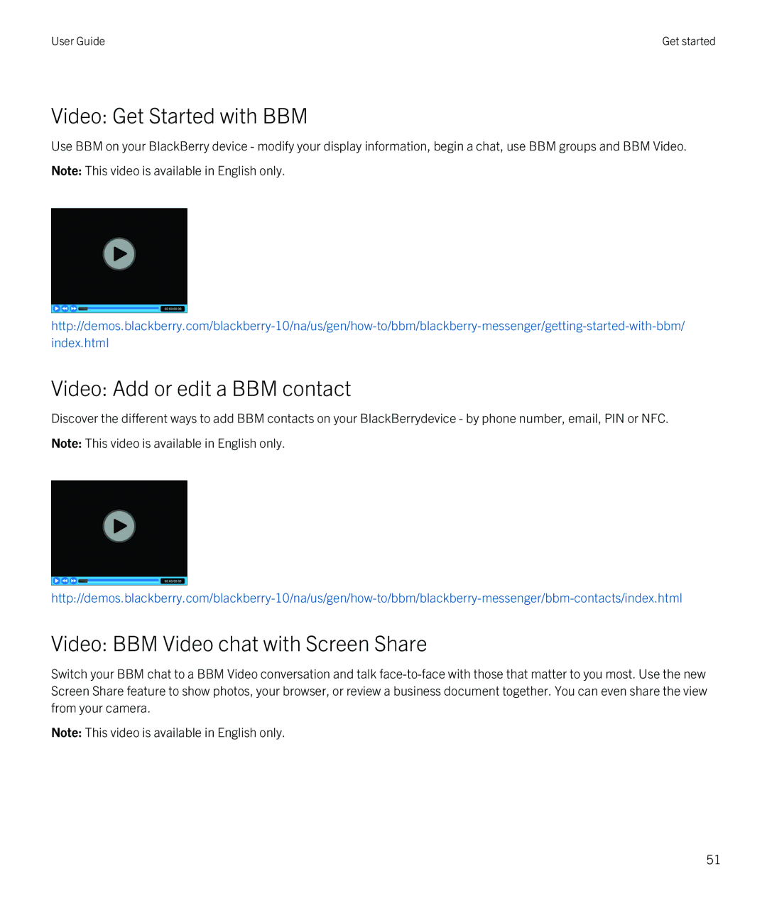 Blackberry Z10 manual Video Get Started with BBM, Video Add or edit a BBM contact, Video BBM Video chat with Screen Share 