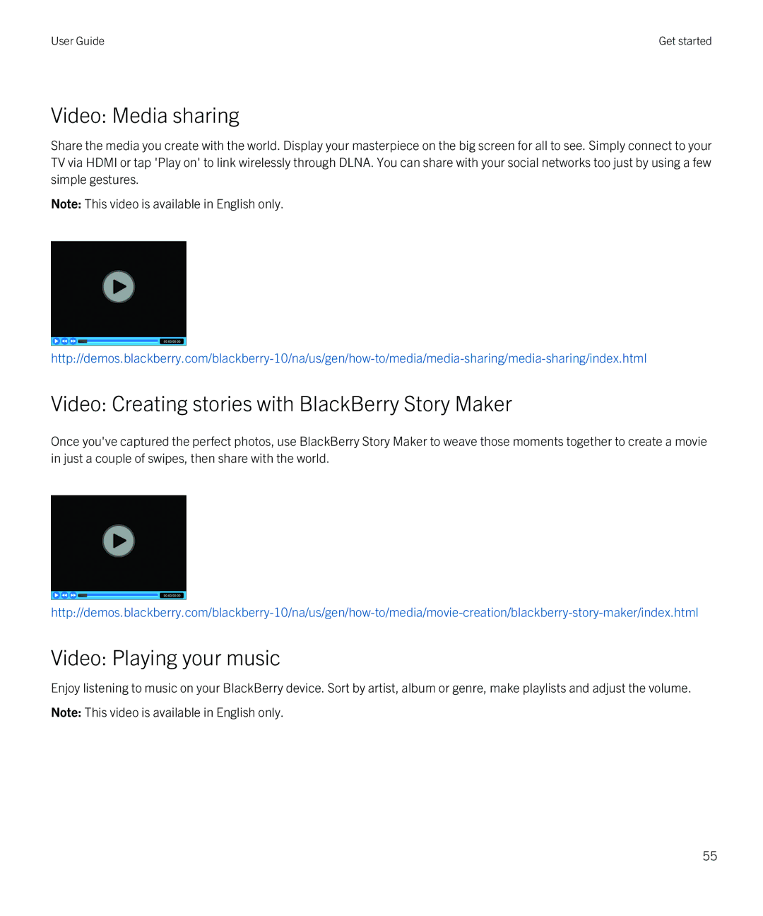 Blackberry Z10 manual Video Media sharing, Video Creating stories with BlackBerry Story Maker, Video Playing your music 