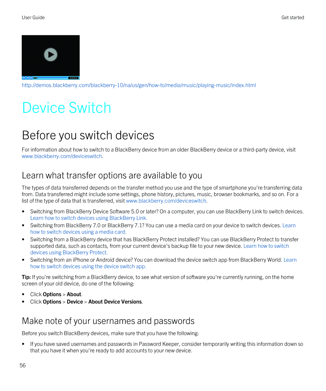 Blackberry Z10 manual Device Switch, Before you switch devices 