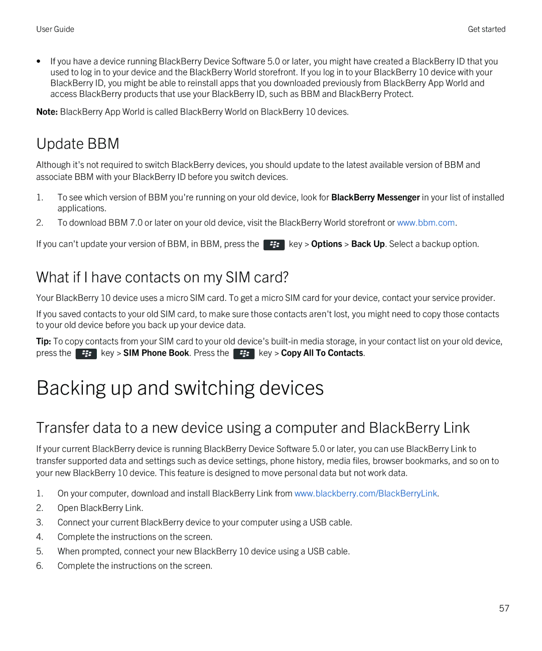 Blackberry Z10 manual Backing up and switching devices, Update BBM 