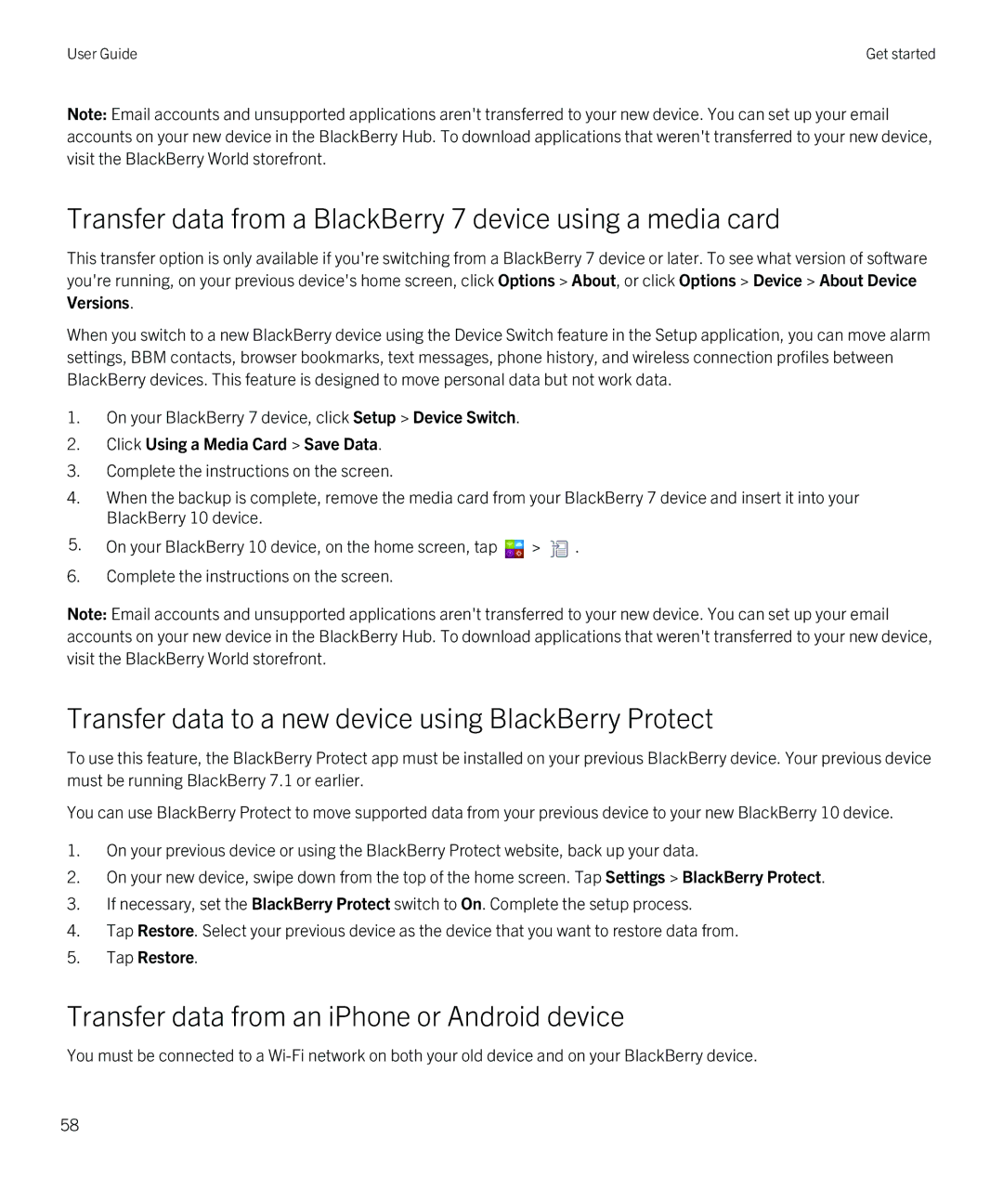 Blackberry Z10 Transfer data from a BlackBerry 7 device using a media card, Transfer data from an iPhone or Android device 