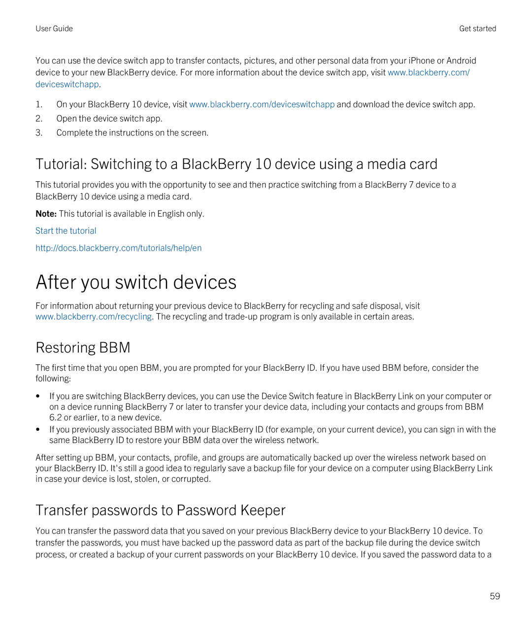 Blackberry Z10 manual After you switch devices, Restoring BBM, Transfer passwords to Password Keeper 