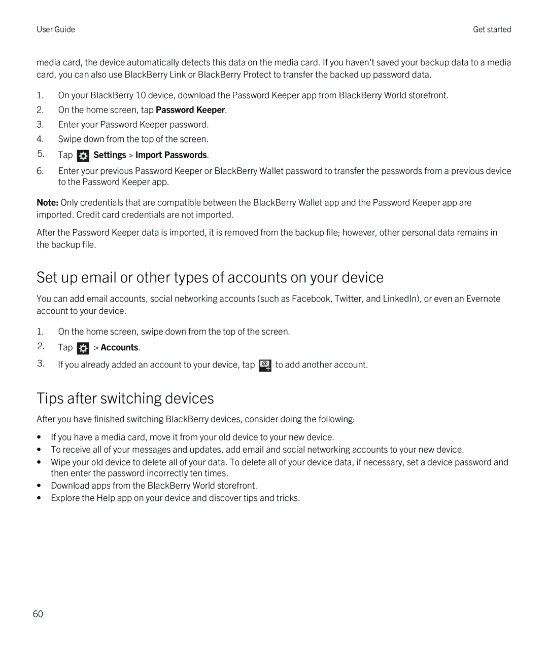 Blackberry Z10 manual Tips after switching devices, Tap Settings Import Passwords 