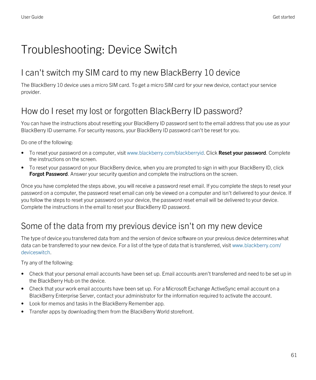 Blackberry Z10 manual Troubleshooting Device Switch, Cant switch my SIM card to my new BlackBerry 10 device 