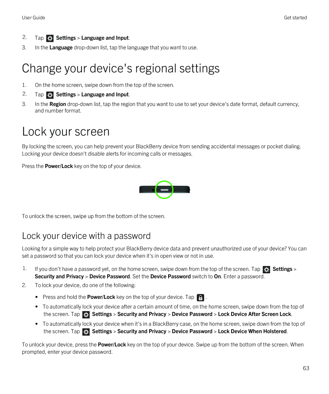 Blackberry Z10 manual Change your devices regional settings, Lock your screen, Lock your device with a password 