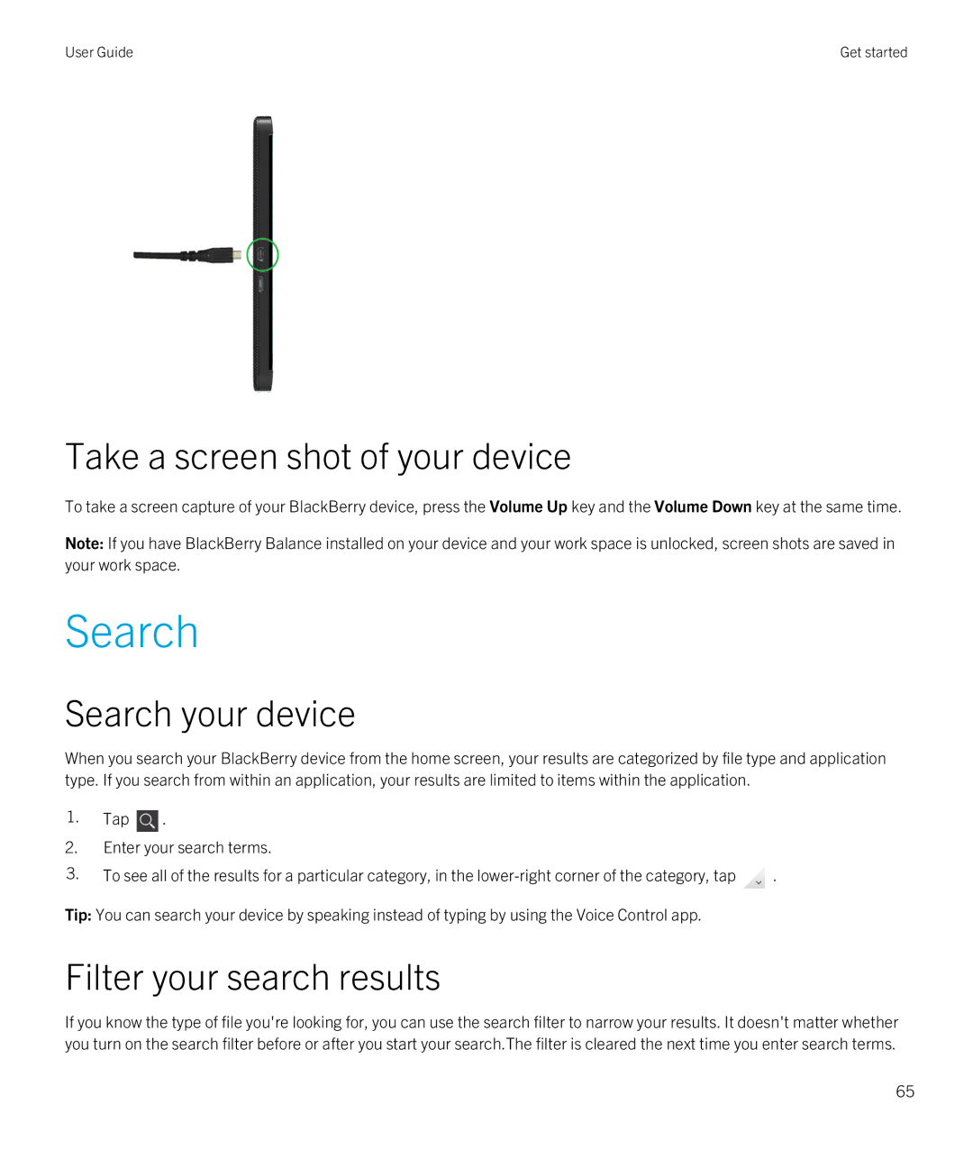 Blackberry Z10 manual Take a screen shot of your device, Search your device, Filter your search results 