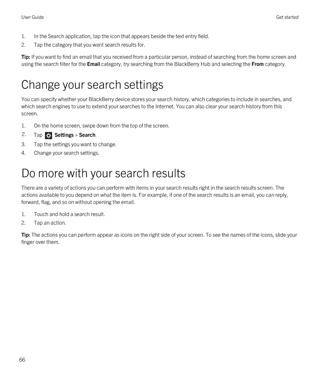 Blackberry Z10 manual Change your search settings, Do more with your search results, Tap Settings Search 