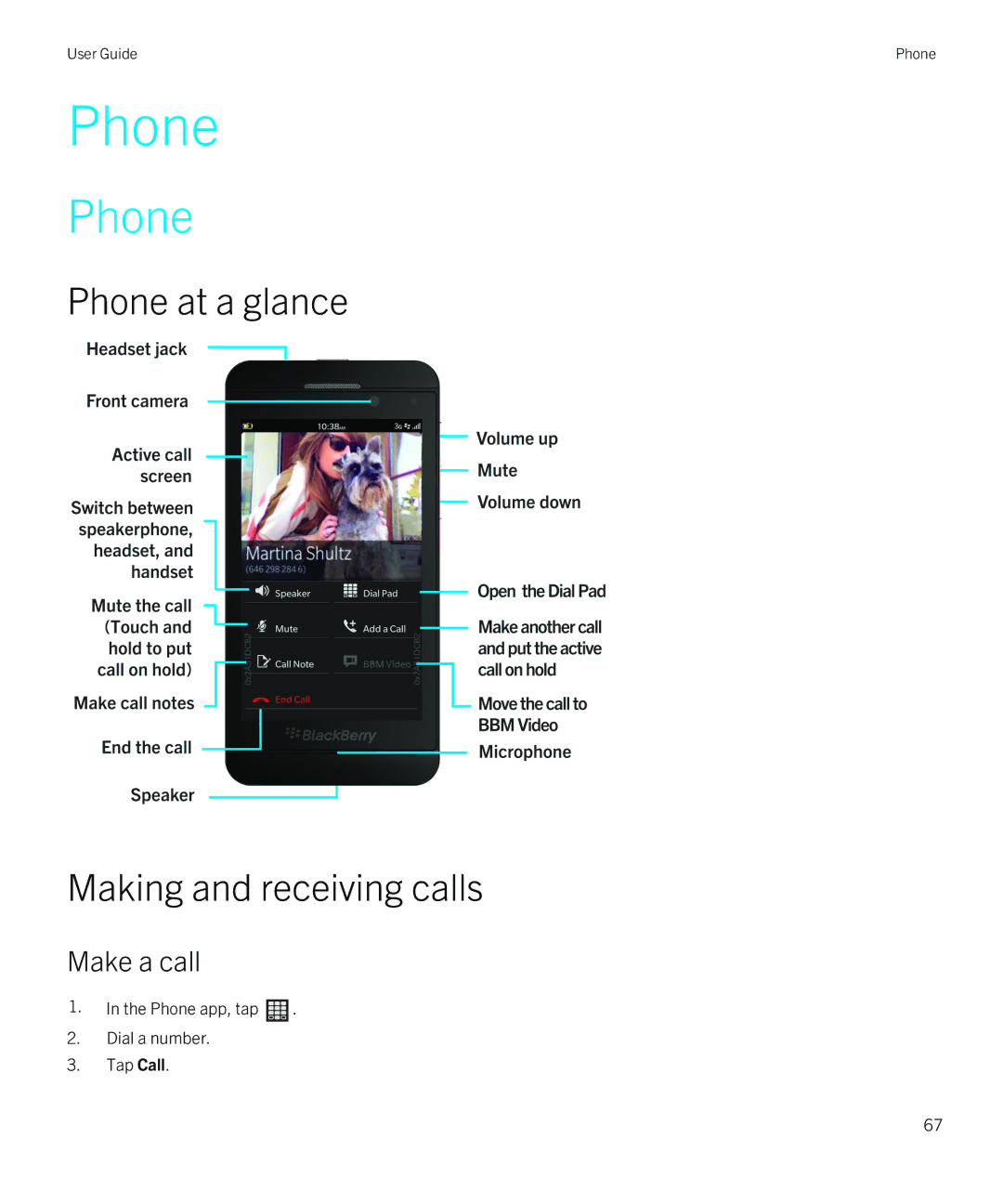 Blackberry Z10 manual Phone at a glance Making and receiving calls, Make a call 