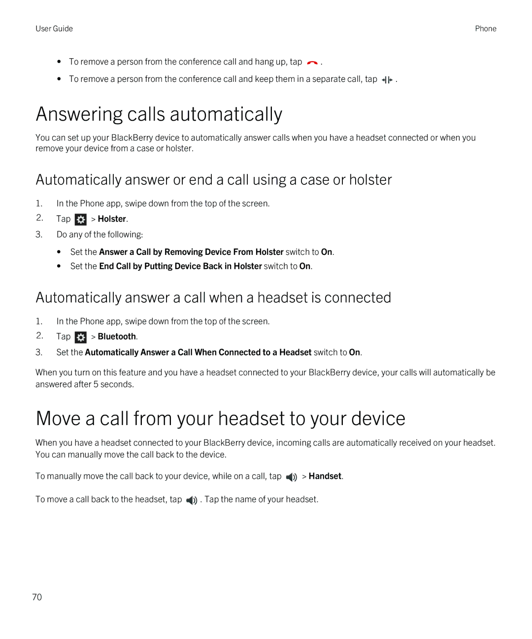 Blackberry Z10 manual Answering calls automatically, Move a call from your headset to your device 