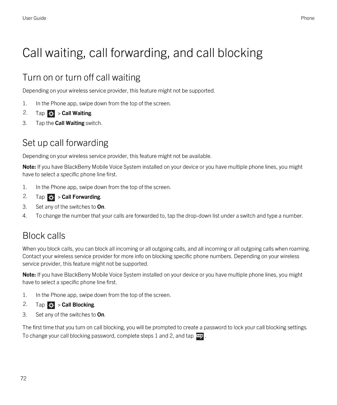 Blackberry Z10 Call waiting, call forwarding, and call blocking, Turn on or turn off call waiting, Set up call forwarding 