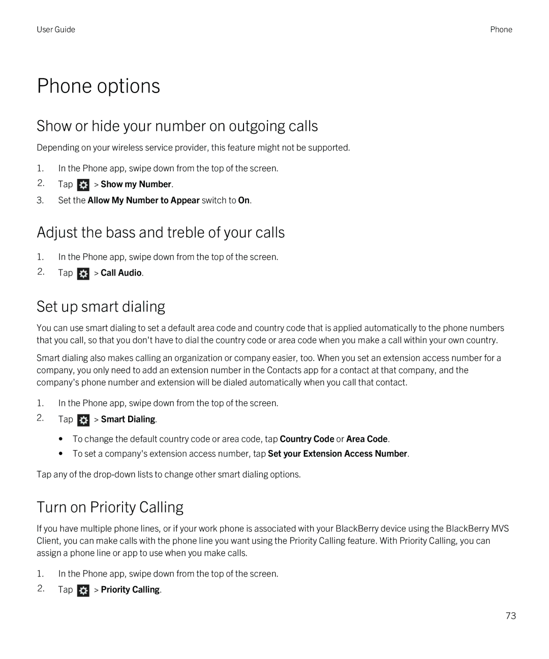 Blackberry Z10 manual Phone options, Show or hide your number on outgoing calls, Adjust the bass and treble of your calls 