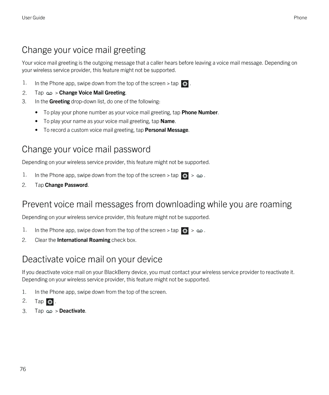 Blackberry Z10 Change your voice mail greeting, Change your voice mail password, Deactivate voice mail on your device 