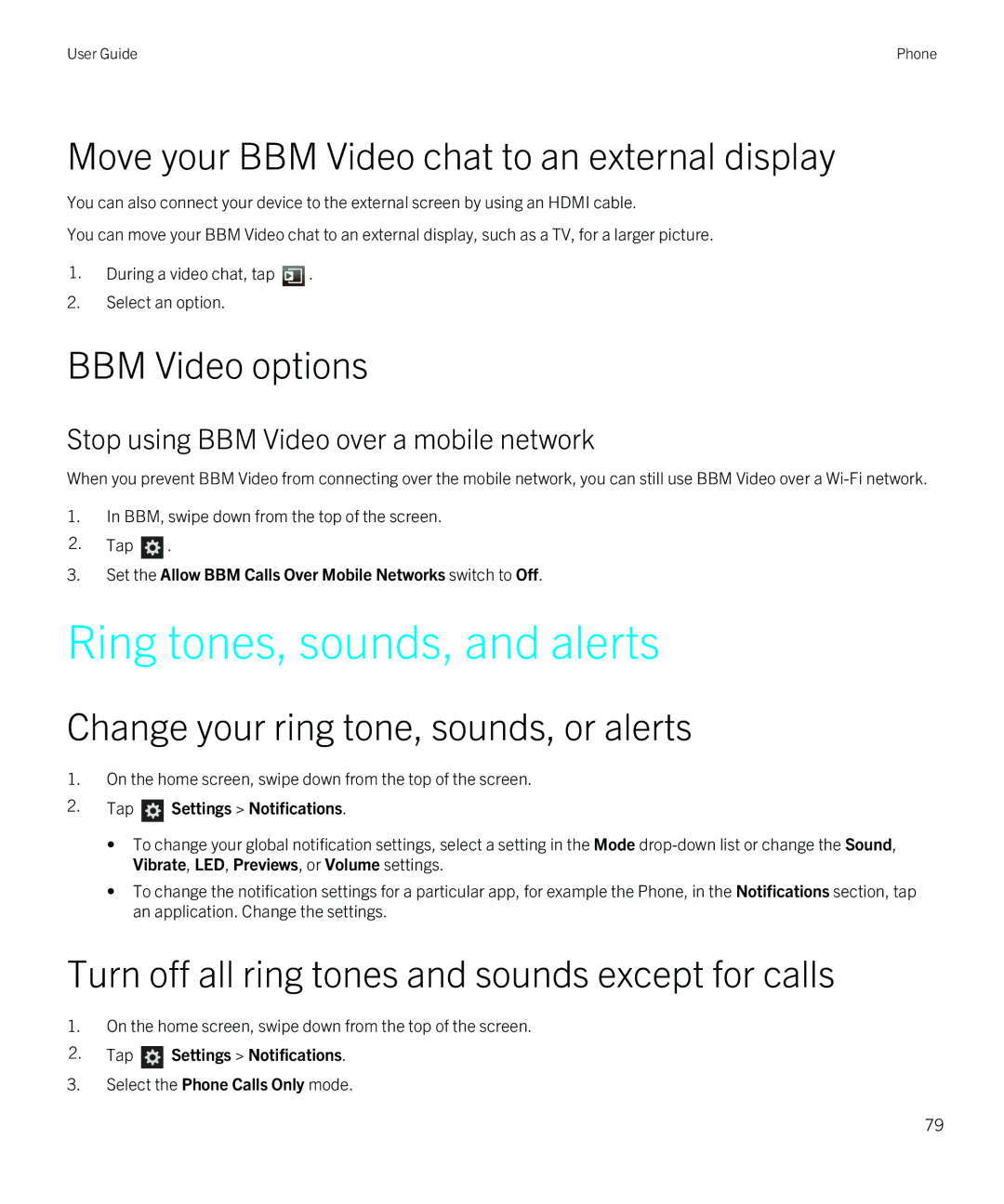 Blackberry Z10 manual Ring tones, sounds, and alerts, Move your BBM Video chat to an external display, BBM Video options 