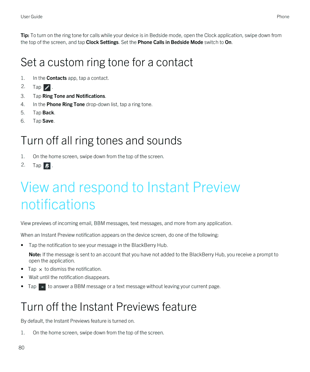 Blackberry Z10 manual View and respond to Instant Preview notifications, Set a custom ring tone for a contact 