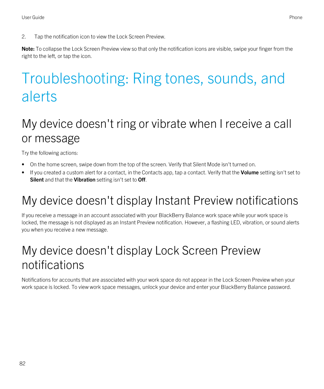 Blackberry Z10 Troubleshooting Ring tones, sounds, and alerts, My device doesnt display Instant Preview notifications 