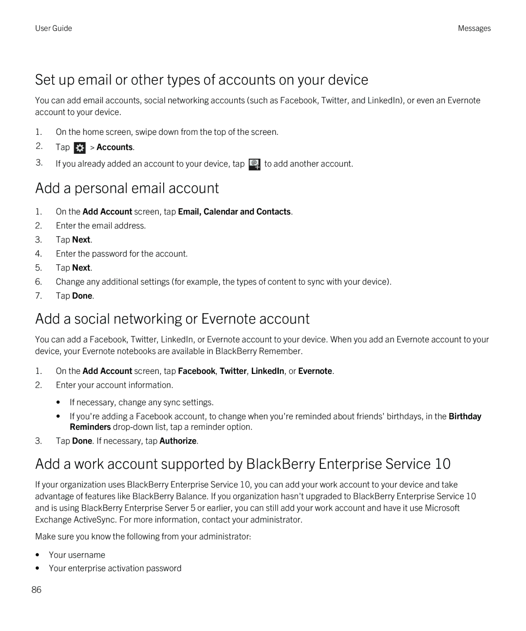 Blackberry Z10 manual Add a personal email account, Add a social networking or Evernote account 