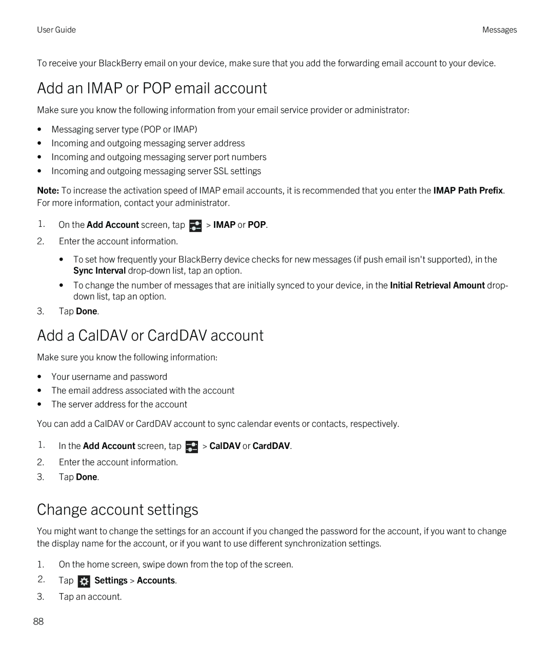 Blackberry Z10 manual Add an Imap or POP email account, Add a CalDAV or CardDAV account, Change account settings 