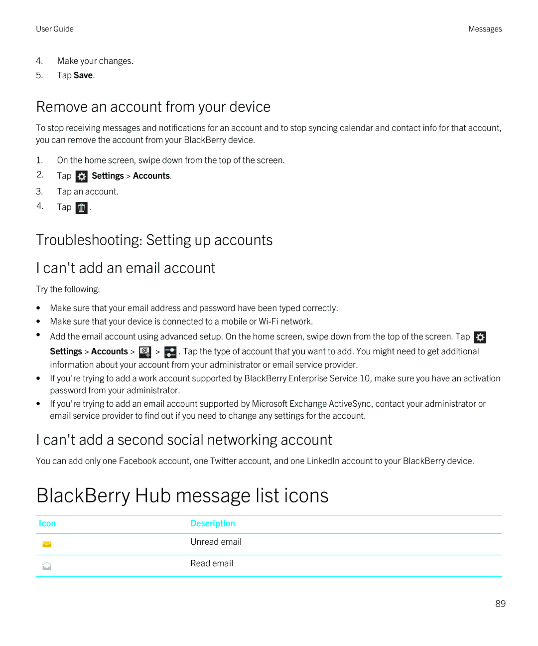 Blackberry Z10 manual BlackBerry Hub message list icons, Remove an account from your device 