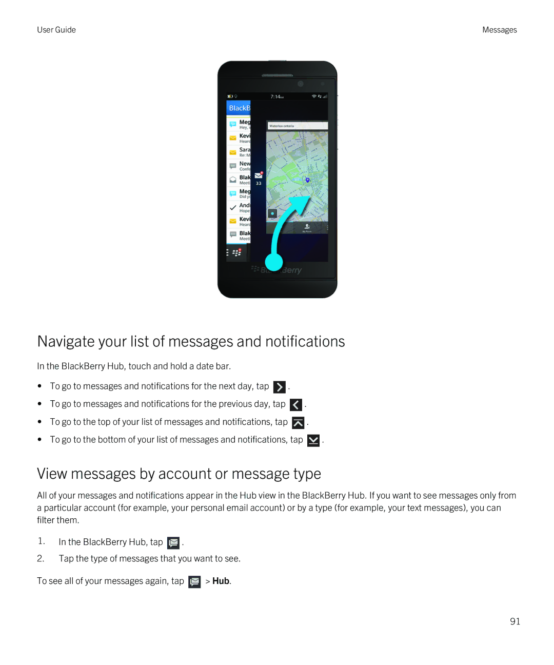 Blackberry Z10 manual Navigate your list of messages and notifications, View messages by account or message type 