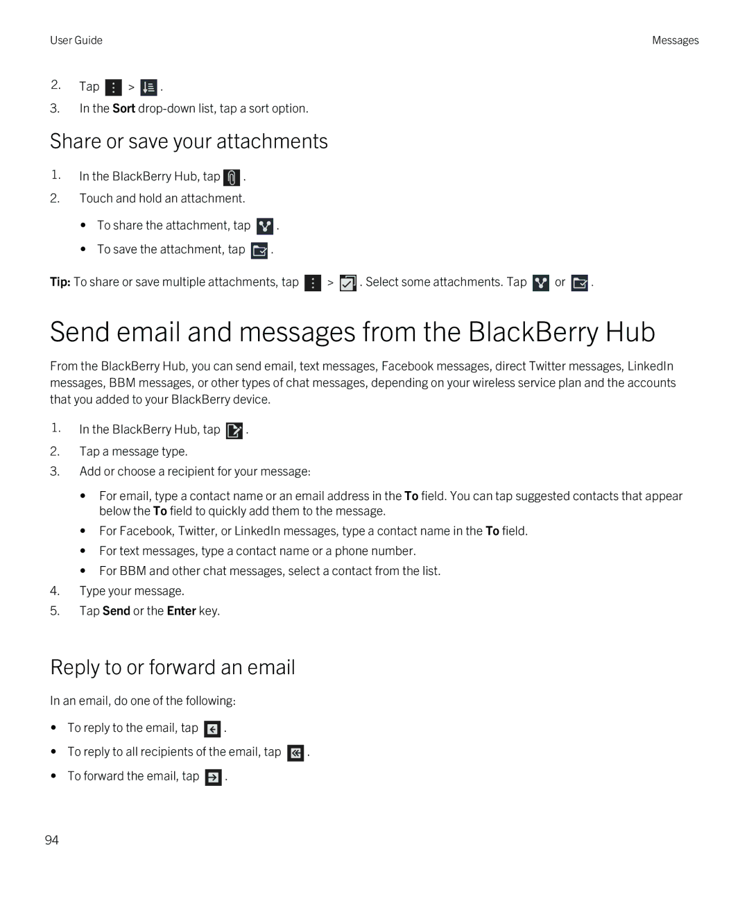 Blackberry Z10 manual Send email and messages from the BlackBerry Hub, Share or save your attachments 