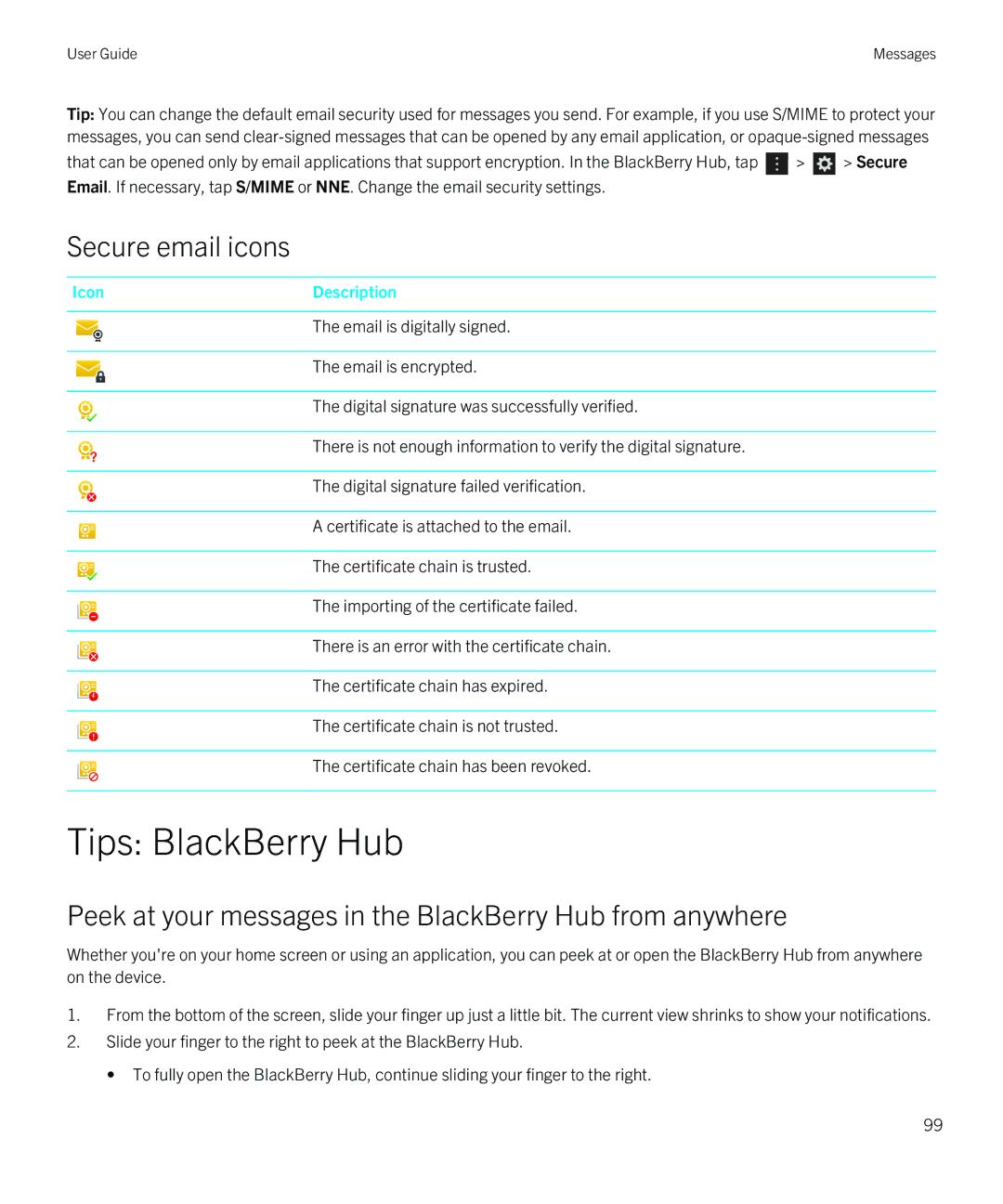 Blackberry Z10 manual Tips BlackBerry Hub, Secure email icons, Peek at your messages in the BlackBerry Hub from anywhere 