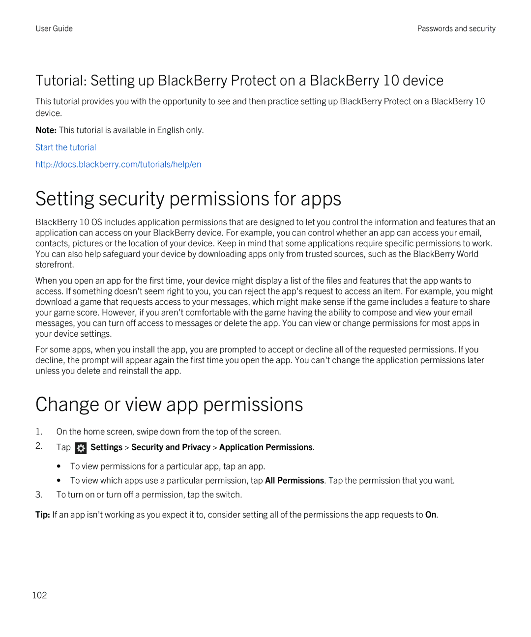 Blackberry Z30 manual Setting security permissions for apps, Change or view app permissions 