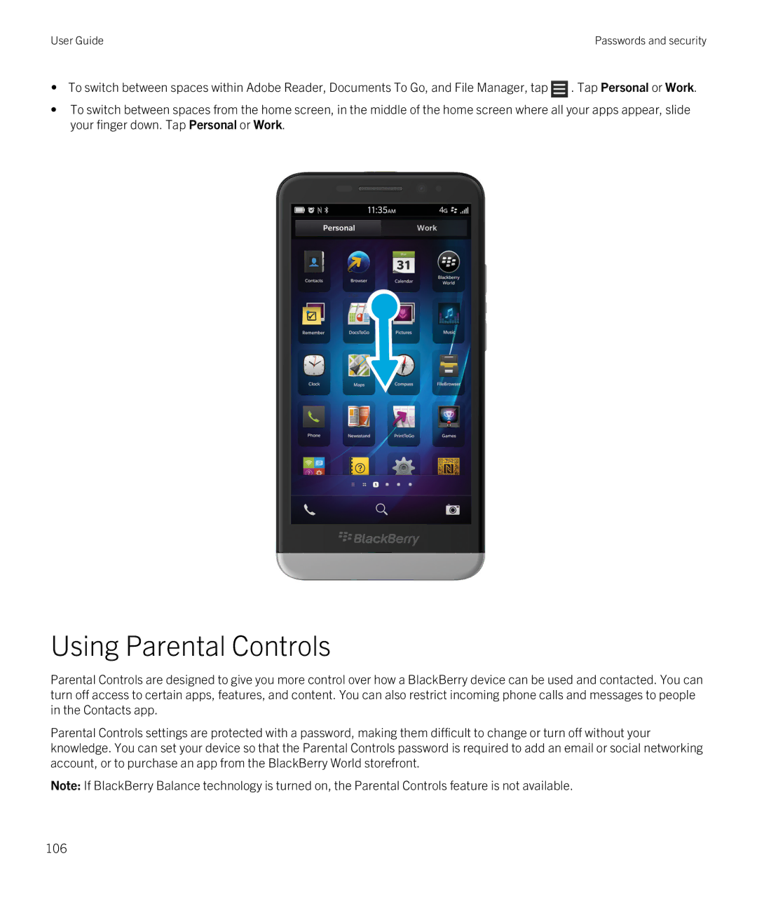 Blackberry Z30 manual Using Parental Controls 