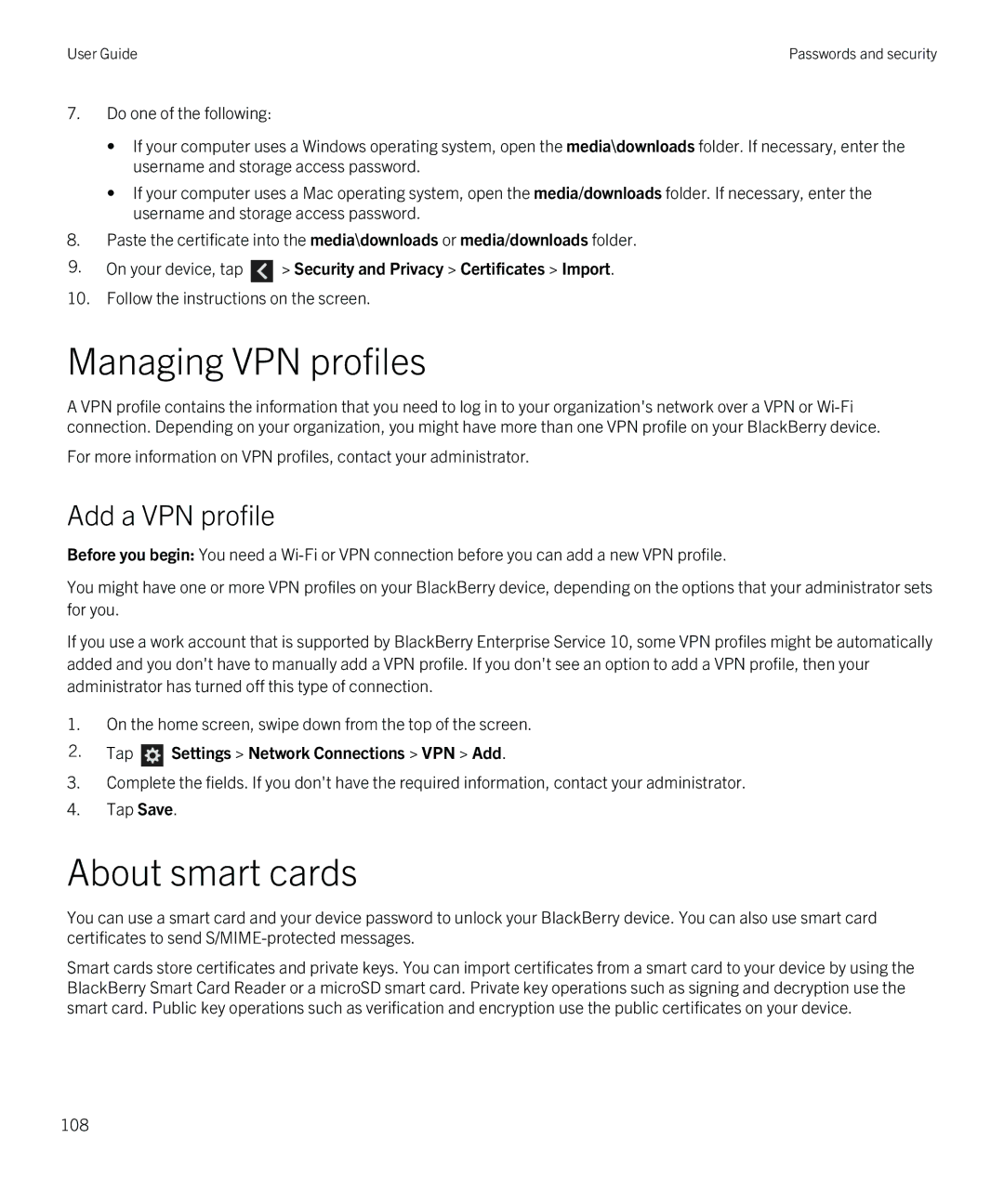 Blackberry Z30 manual Managing VPN profiles, About smart cards, Add a VPN profile, Tap Settings Network Connections VPN Add 