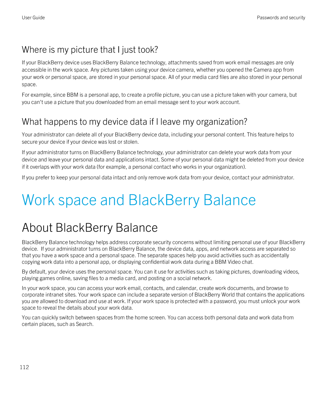 Blackberry Z30 manual Work space and BlackBerry Balance, Where is my picture that I just took? 