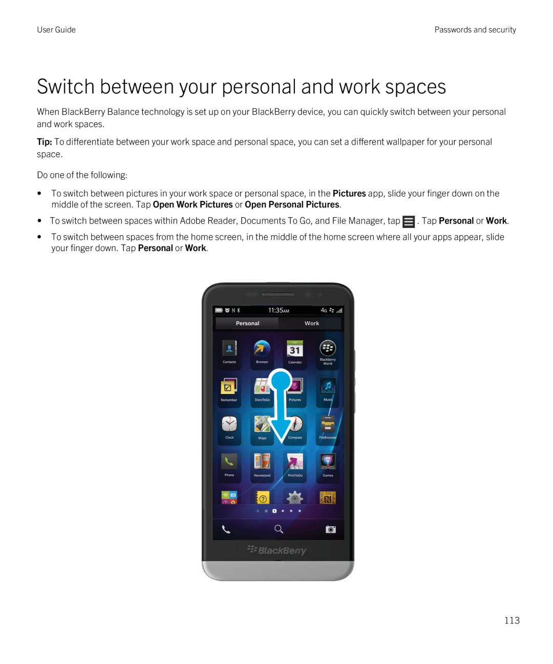 Blackberry Z30 manual Switch between your personal and work spaces 