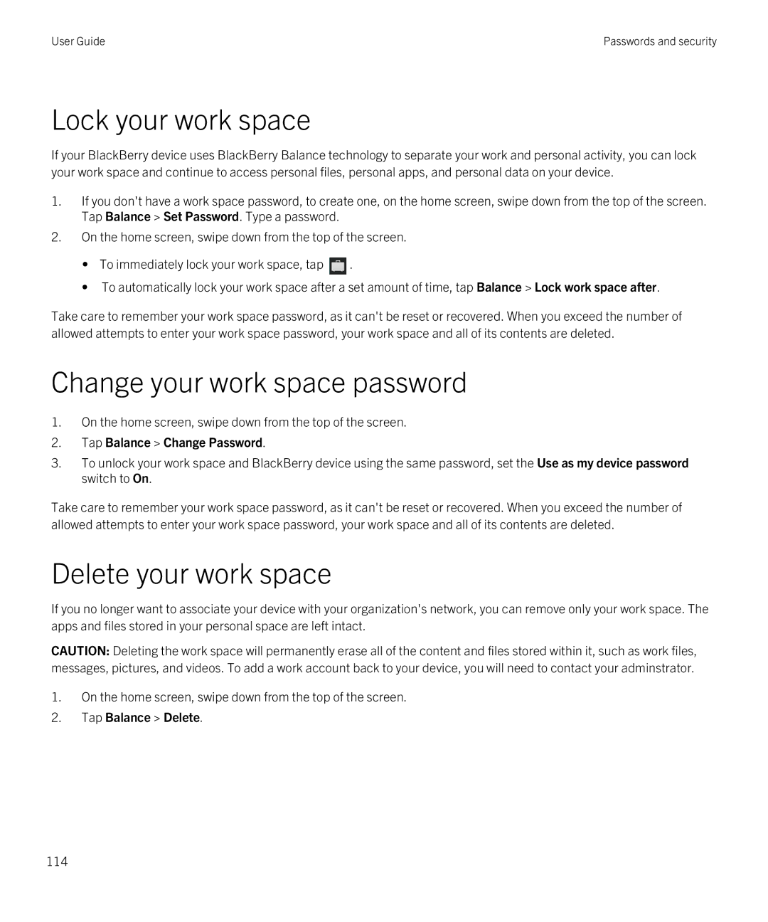 Blackberry Z30 manual Lock your work space, Change your work space password, Delete your work space 