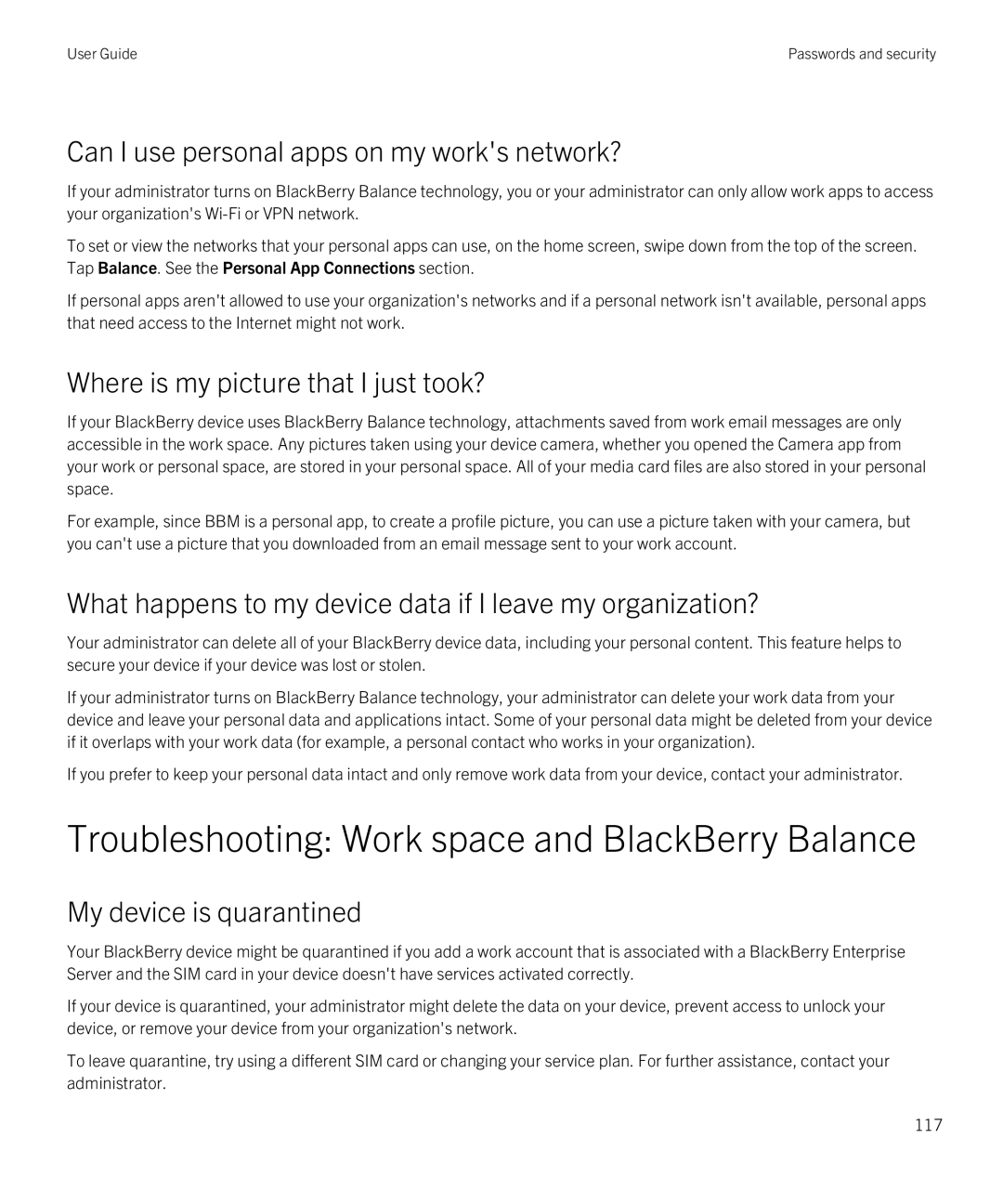 Blackberry Z30 manual Troubleshooting Work space and BlackBerry Balance, My device is quarantined 