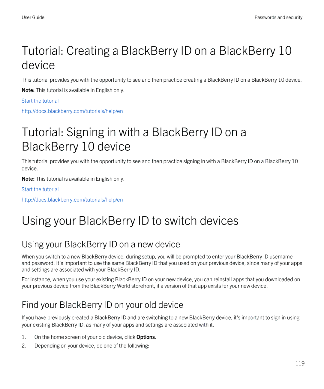 Blackberry Z30 Tutorial Creating a BlackBerry ID on a BlackBerry 10 device, Using your BlackBerry ID to switch devices 