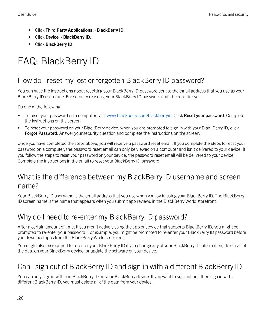 Blackberry Z30 manual FAQ BlackBerry ID, Why do I need to re-enter my BlackBerry ID password? 