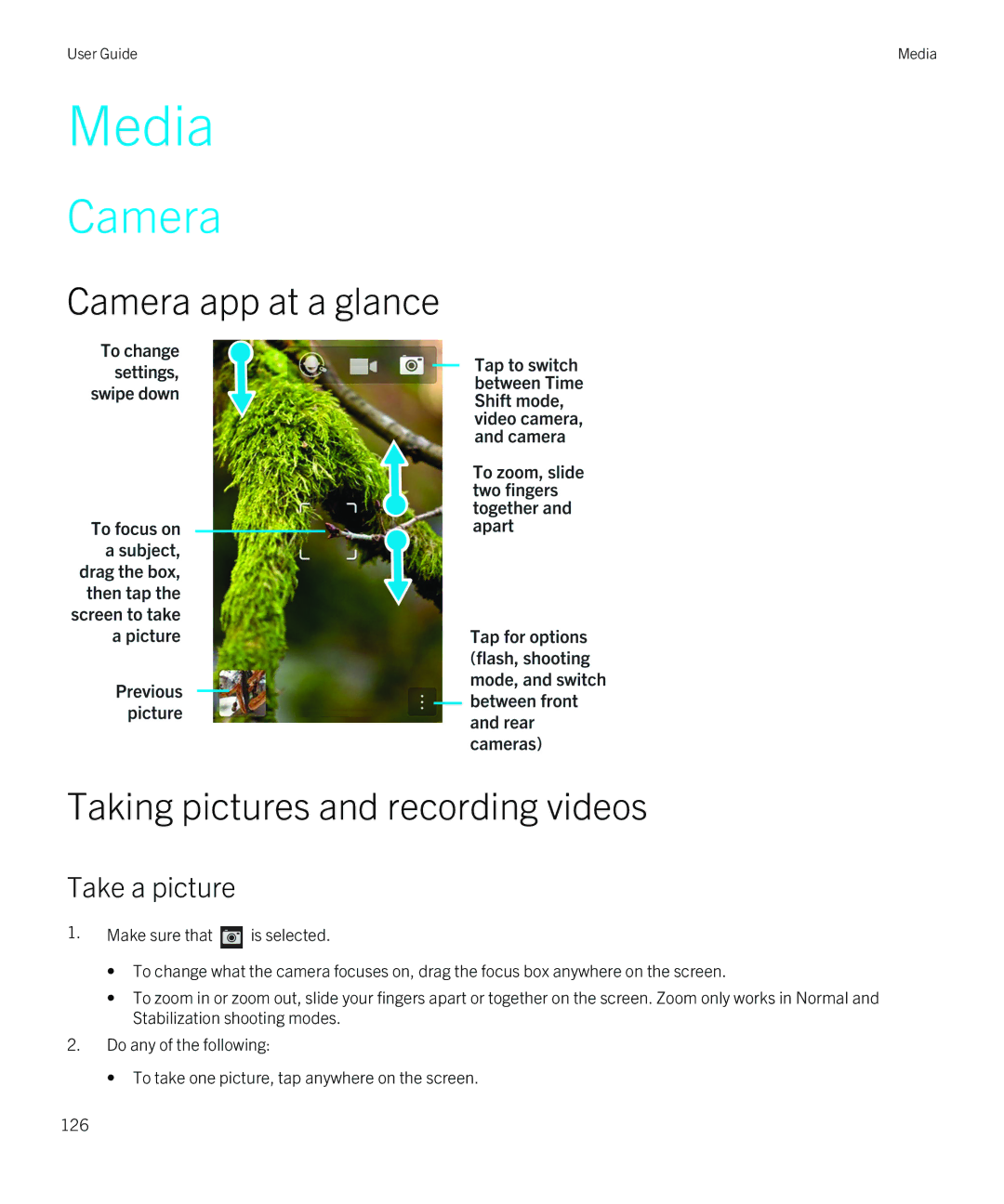 Blackberry Z30 manual Camera app at a glance Taking pictures and recording videos, Take a picture 