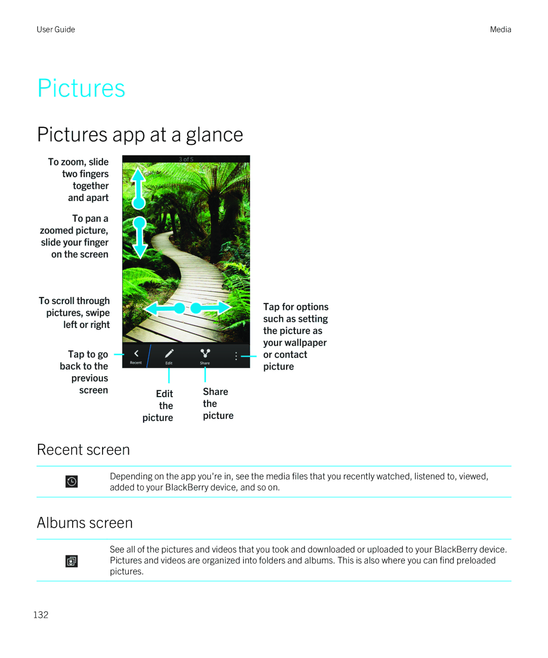 Blackberry Z30 manual Pictures app at a glance, Recent screen, Albums screen 