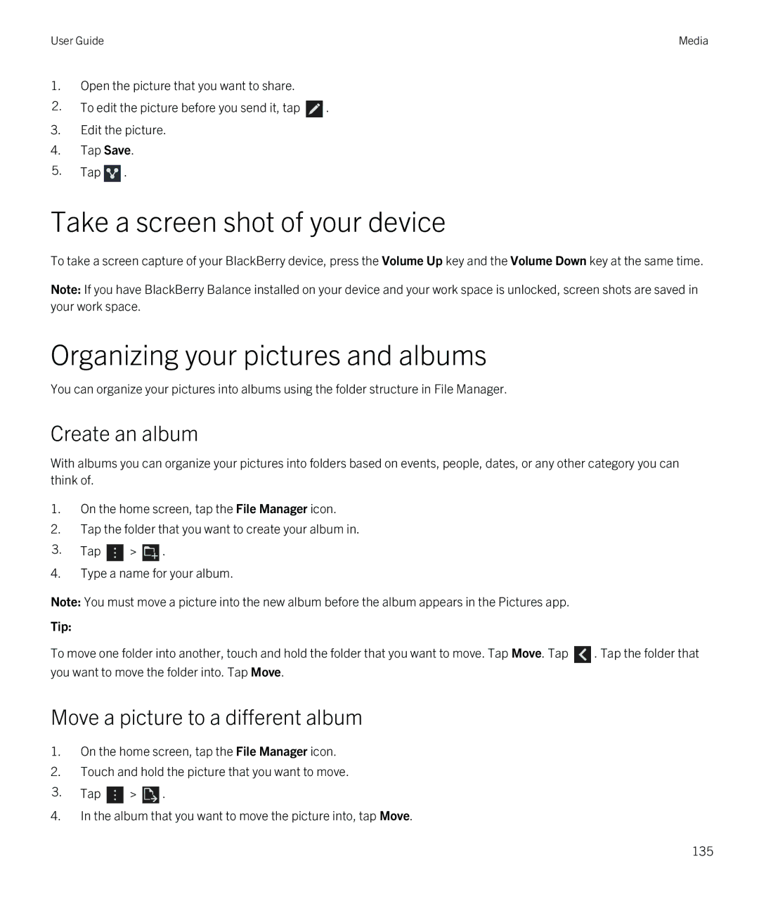 Blackberry Z30 manual Organizing your pictures and albums, Create an album, Move a picture to a different album 