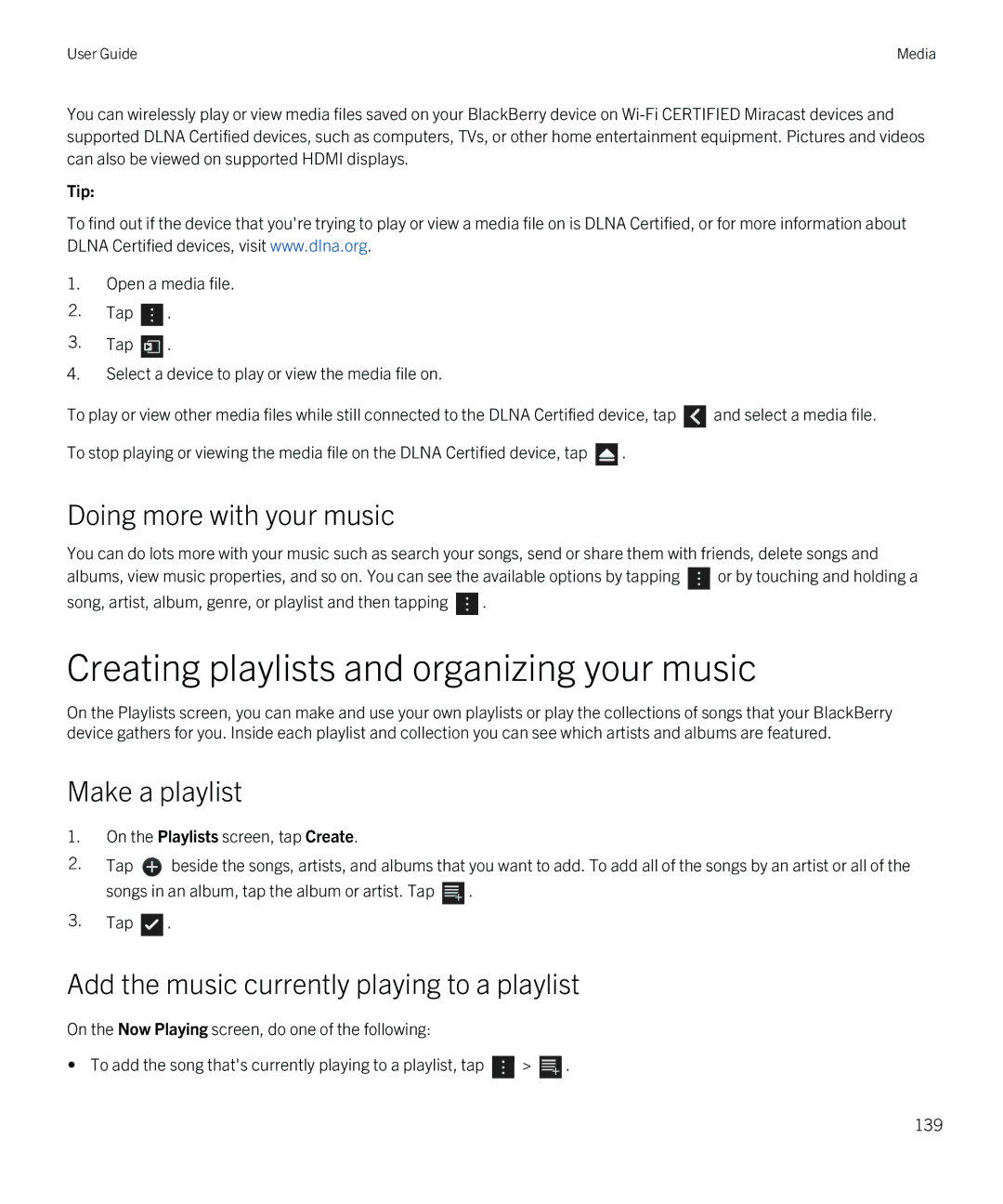 Blackberry Z30 manual Creating playlists and organizing your music, Doing more with your music, Make a playlist 