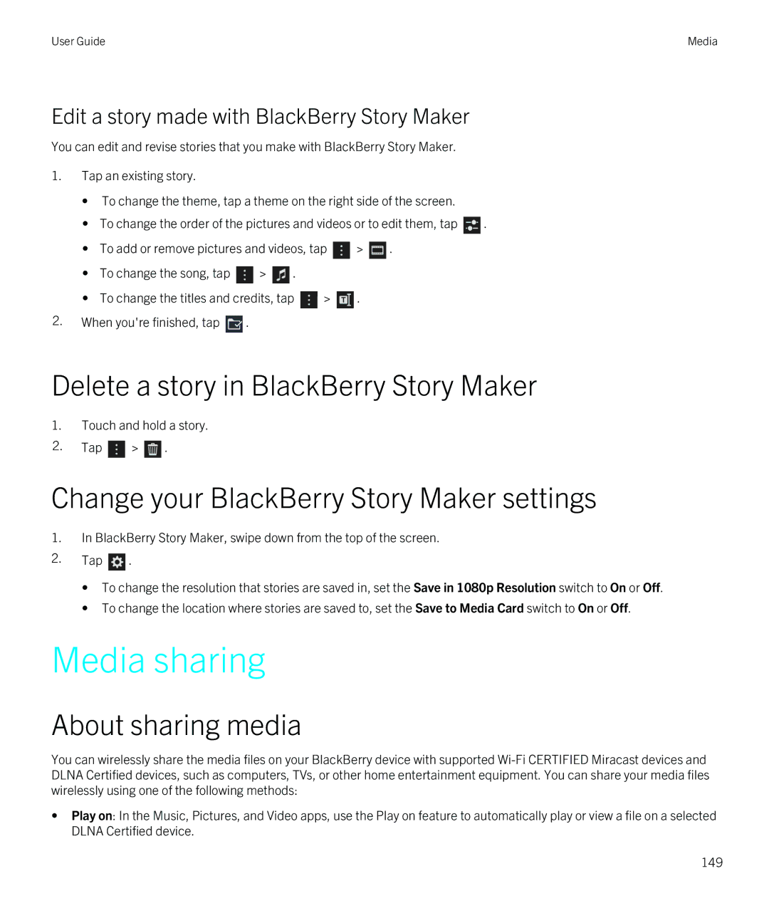 Blackberry Z30 manual Media sharing, Delete a story in BlackBerry Story Maker, Change your BlackBerry Story Maker settings 