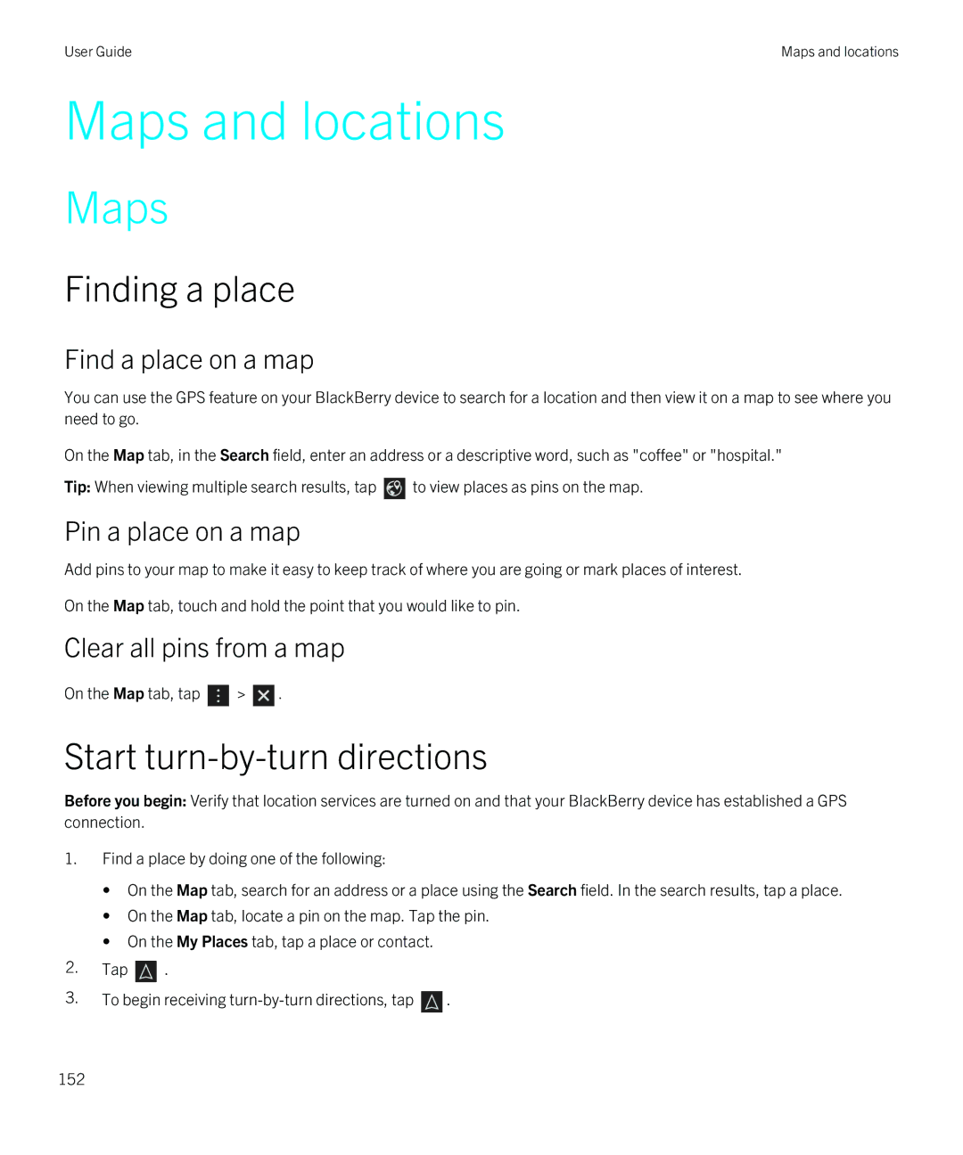 Blackberry Z30 manual Maps, Finding a place, Start turn-by-turn directions 