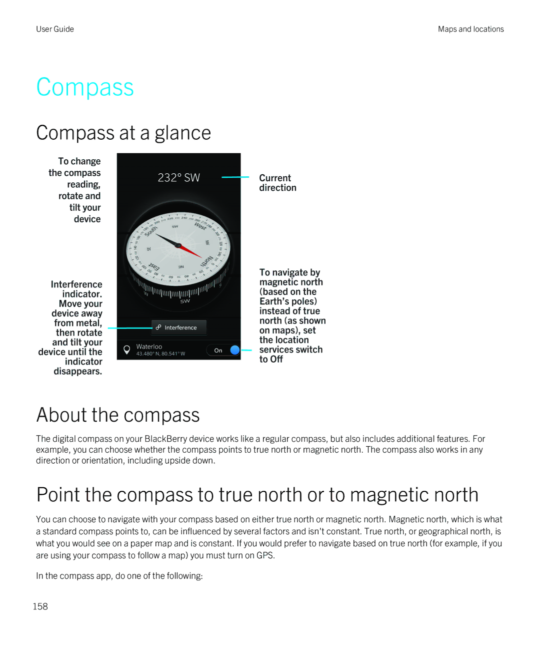 Blackberry Z30 manual Compass at a glance About the compass, Point the compass to true north or to magnetic north 