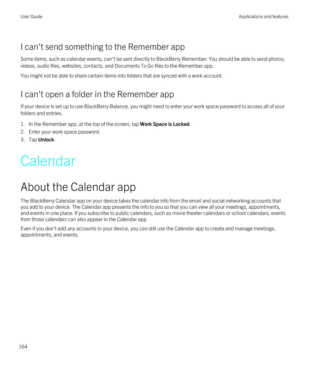 Blackberry Z30 About the Calendar app, Cant send something to the Remember app, Cant open a folder in the Remember app 