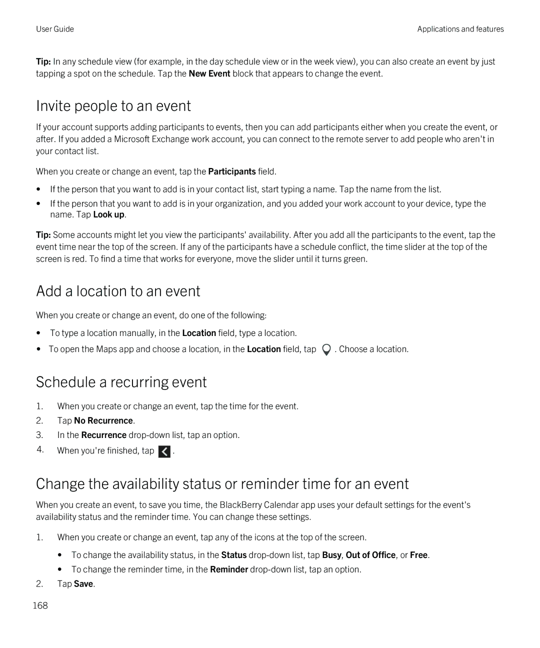 Blackberry Z30 manual Invite people to an event, Add a location to an event, Schedule a recurring event, Tap No Recurrence 