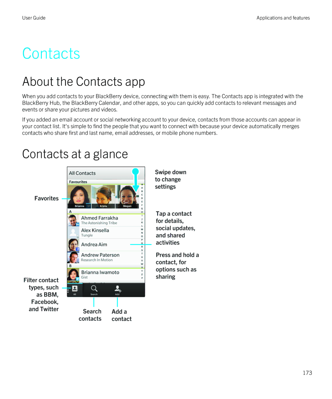 Blackberry Z30 manual About the Contacts app, Contacts at a glance 