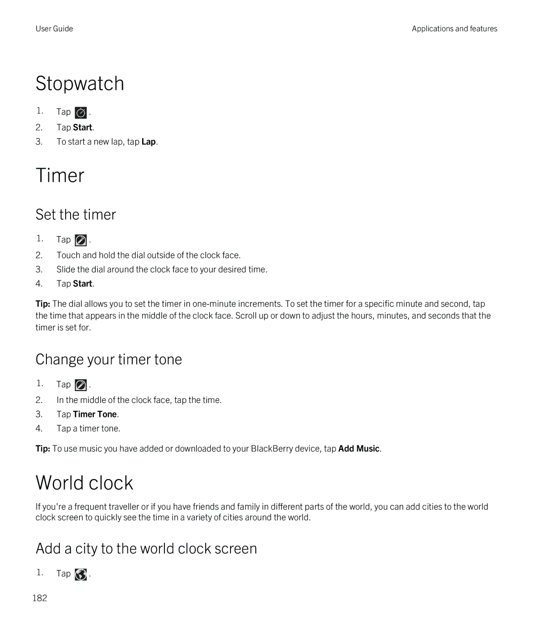 Blackberry Z30 manual Stopwatch, Timer, World clock 